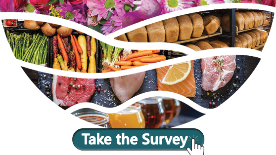 Logo of Agri-Food Regulator with flowers, vegetables, bread, meat, fish and drinks in the segments. Plus a take the survey button at the end.